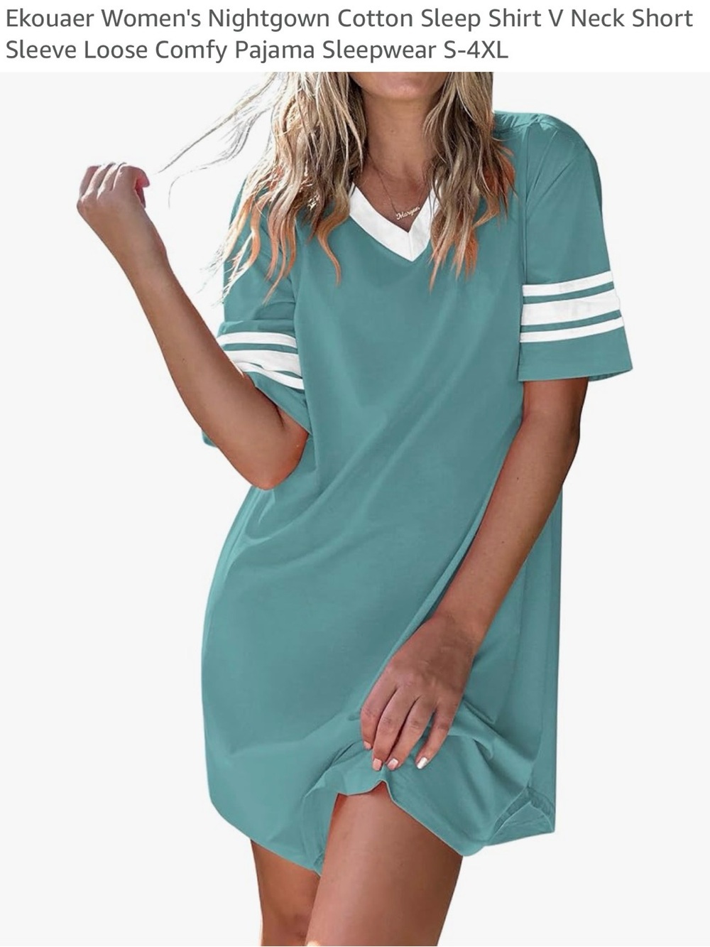 Teal V-Neck Short Sleeve Sleep Shirt with White Stripes